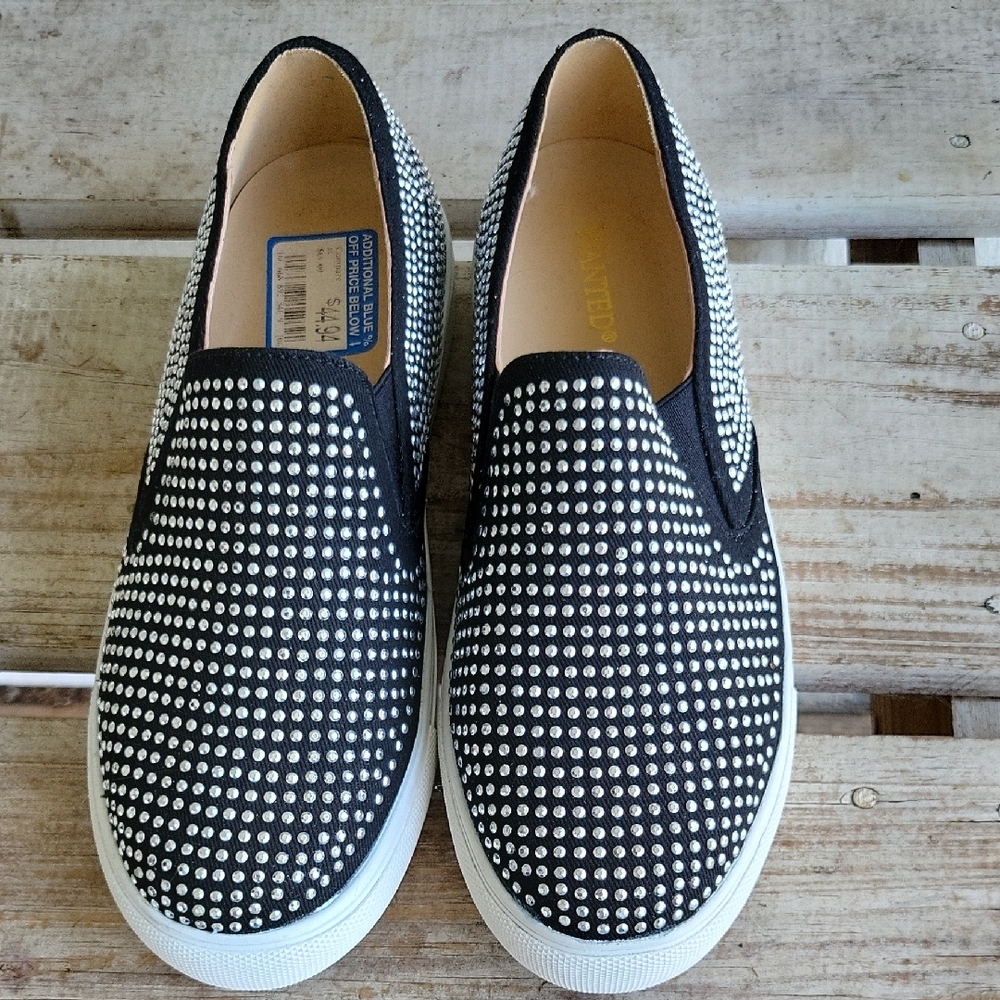 Wanted Silver Studded Black and White Slip-On Sneakers Shoes